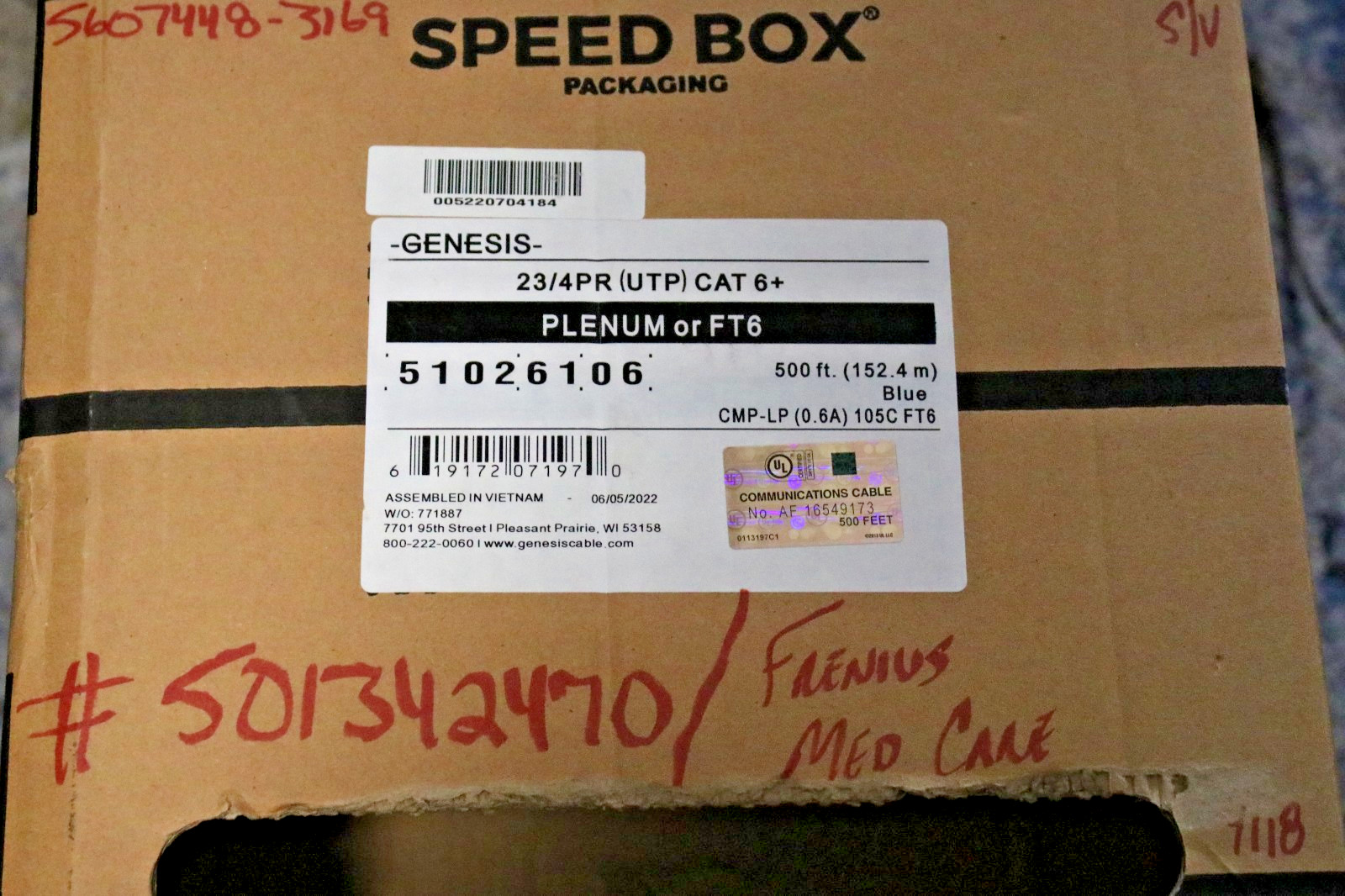 CAT6 Plenum Ethernet Cable, UNKNOWN FOOTAGE, 23AWG 550MHz UTP Blue