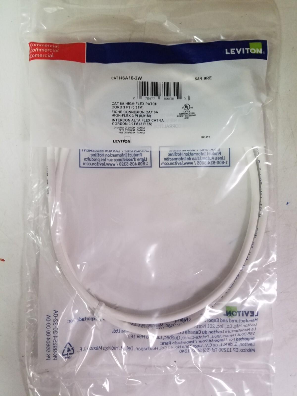 lot of 50 LEVITON H6A10-3W Cat 6A Small Diameter High-Flex Patch Cord, 3 feet