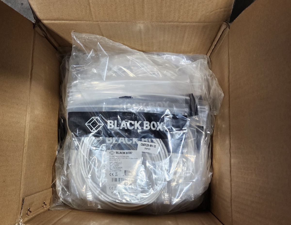 50 Pack 10ft White Black Box Slim-Net Cat 6A Patch Cable 28AWG UTP Snagless