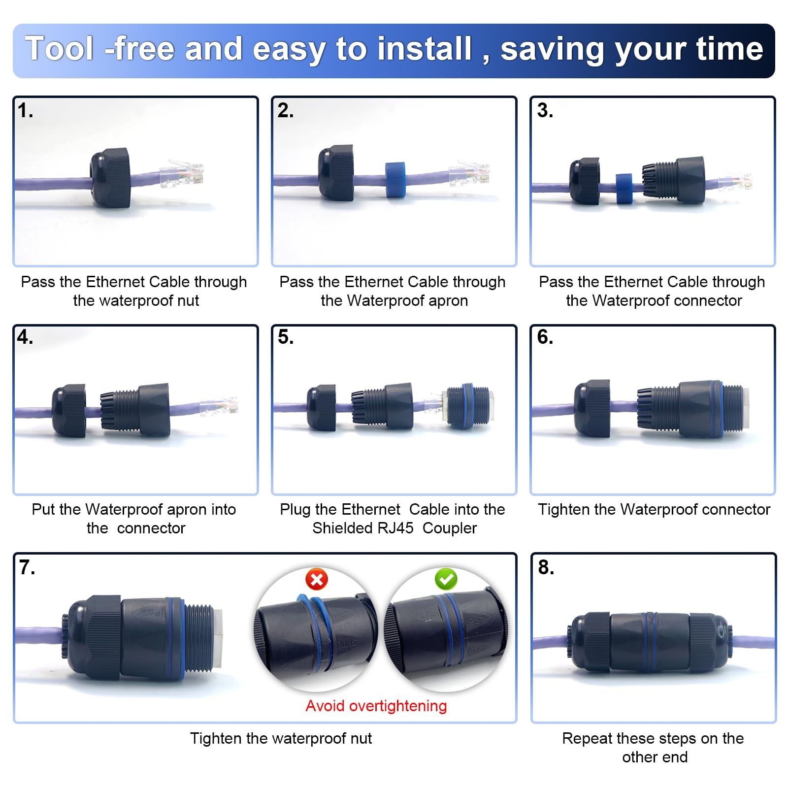Waterproof RJ45 Coupler IP68 Cat6/Cat5E Shielded Ethernet Connector 6Pack Blue