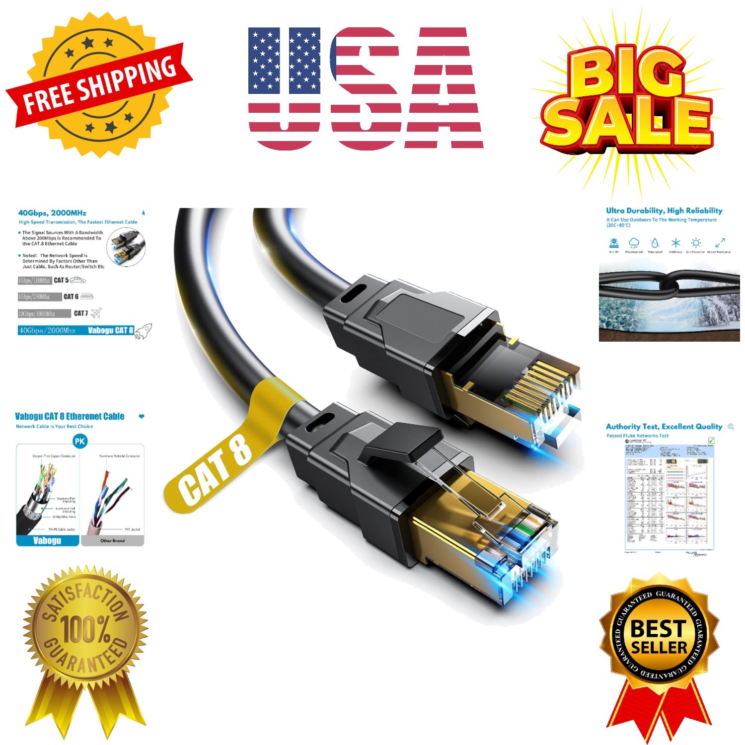 Cat 8 Ethernet Cable, 1.5Ft 3Ft 6Ft 10Ft 15Ft 20Ft 30Ft 40Ft 50Ft 60Ft 100Ft …