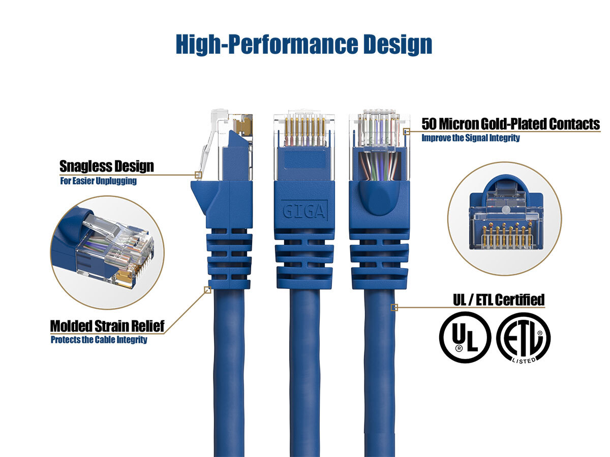 12ft Cat6 UTP Ethernet Network Patch Cable Snagless 24AWG Bare Copper, Blue