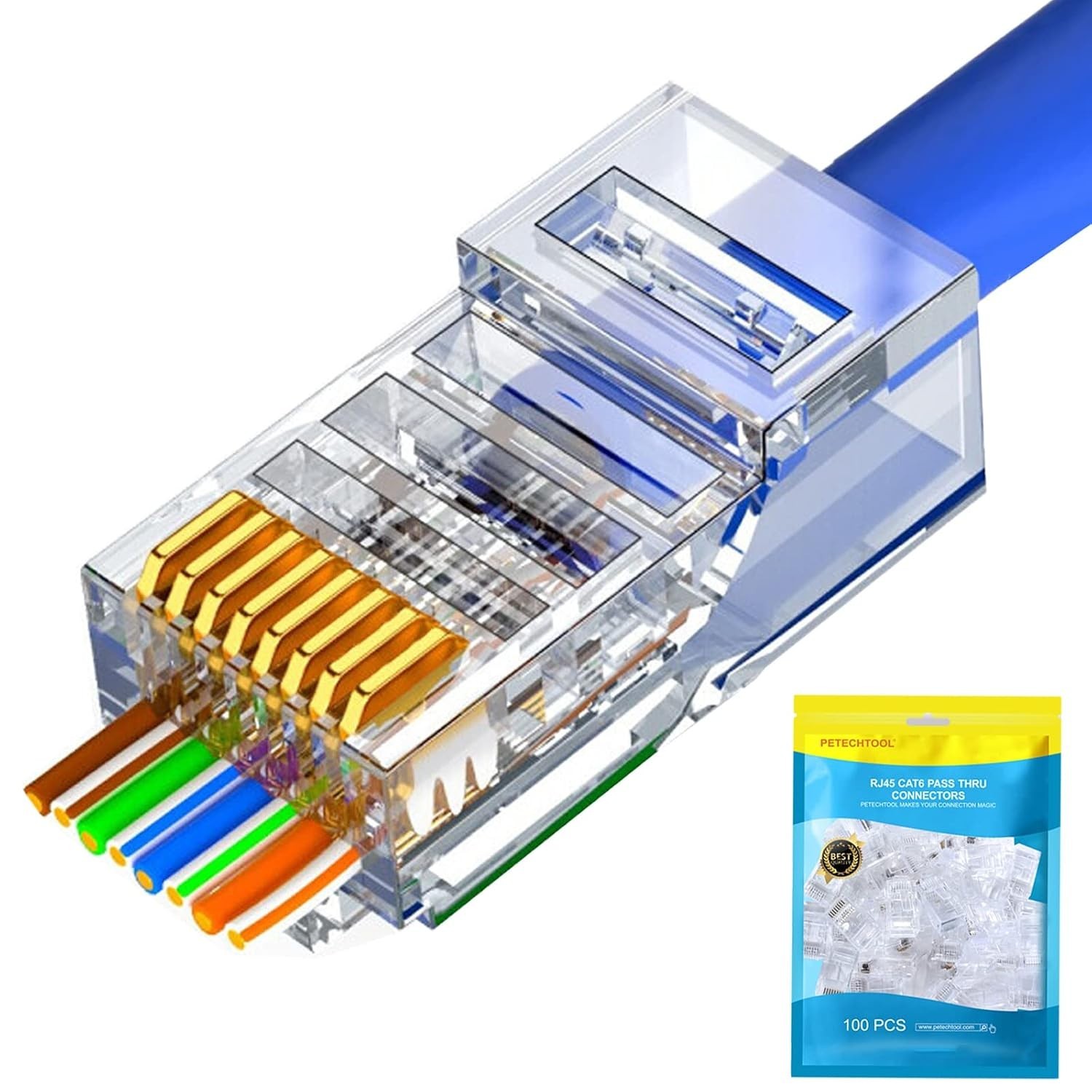 Gold Plated RJ45 Cat6/Cat5 Pass-Through Connectors, 100 Pack for Easy Networking