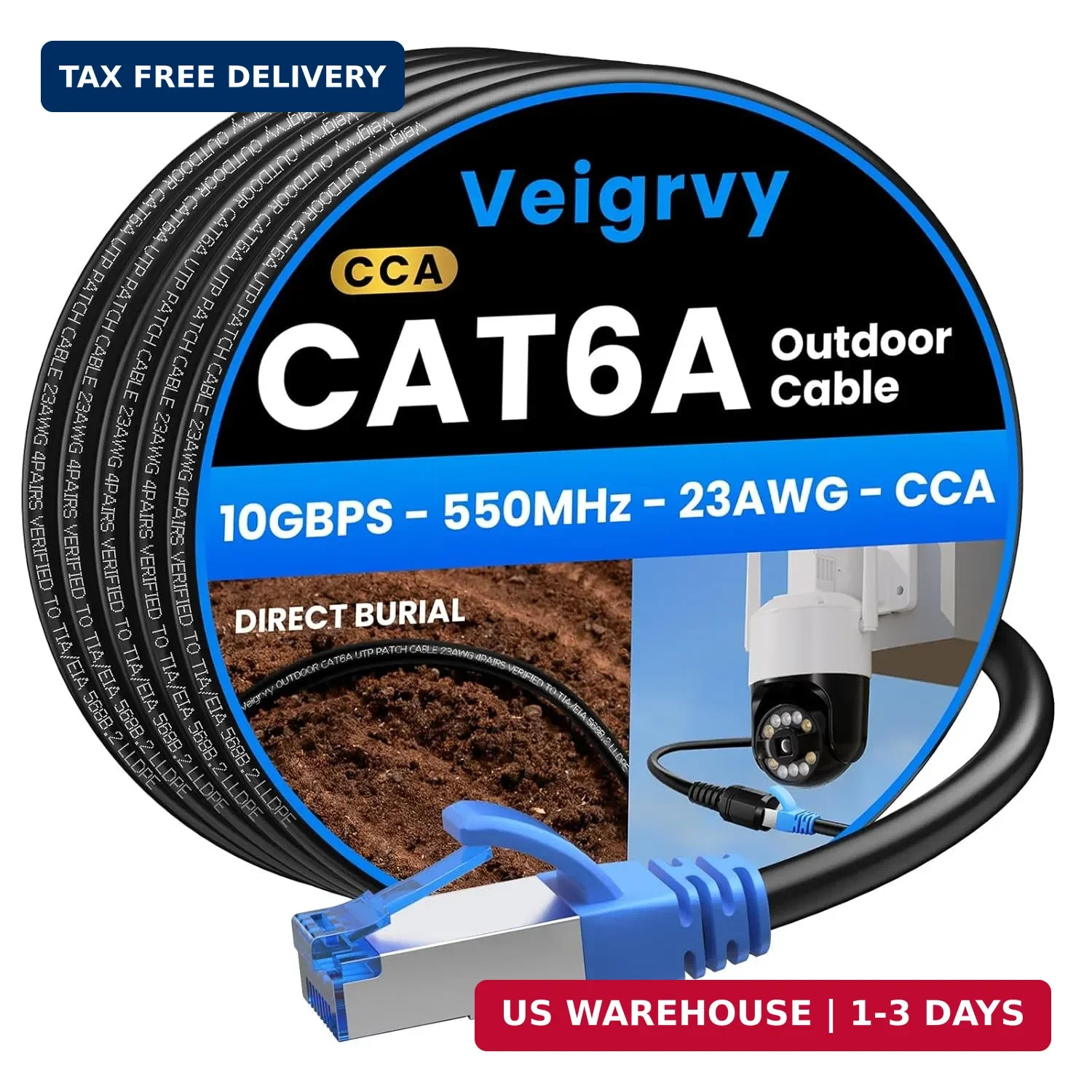 Cat6A Outdoor Ethernet Cable 100 ft Supports POE, 23AWG 550MHz High-Speed CAT6A