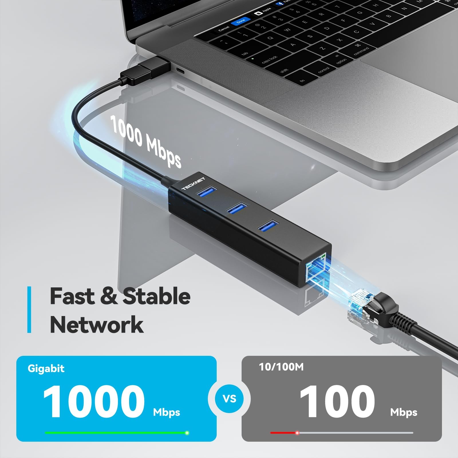 TECKNET USB C to Ethernet, Aluminum 3 Port 3.0 Hub with RJ45 Black
