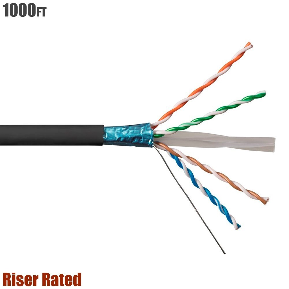 1000FT CAT6 Ethernet Network STP Cable CMR Riser Solid Copper Wire 23AWG Black