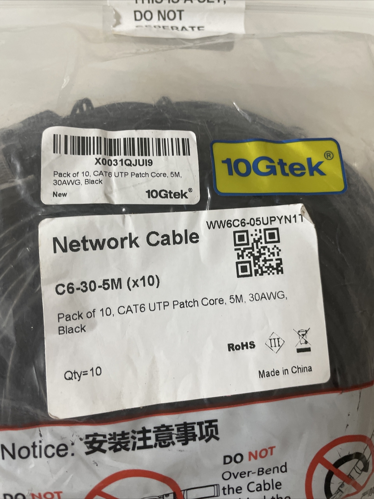 10GTEK NETWORK CABLE C6 10 PACK 5M UTP PATCH CORE 30AWG CAT6 16 FEET