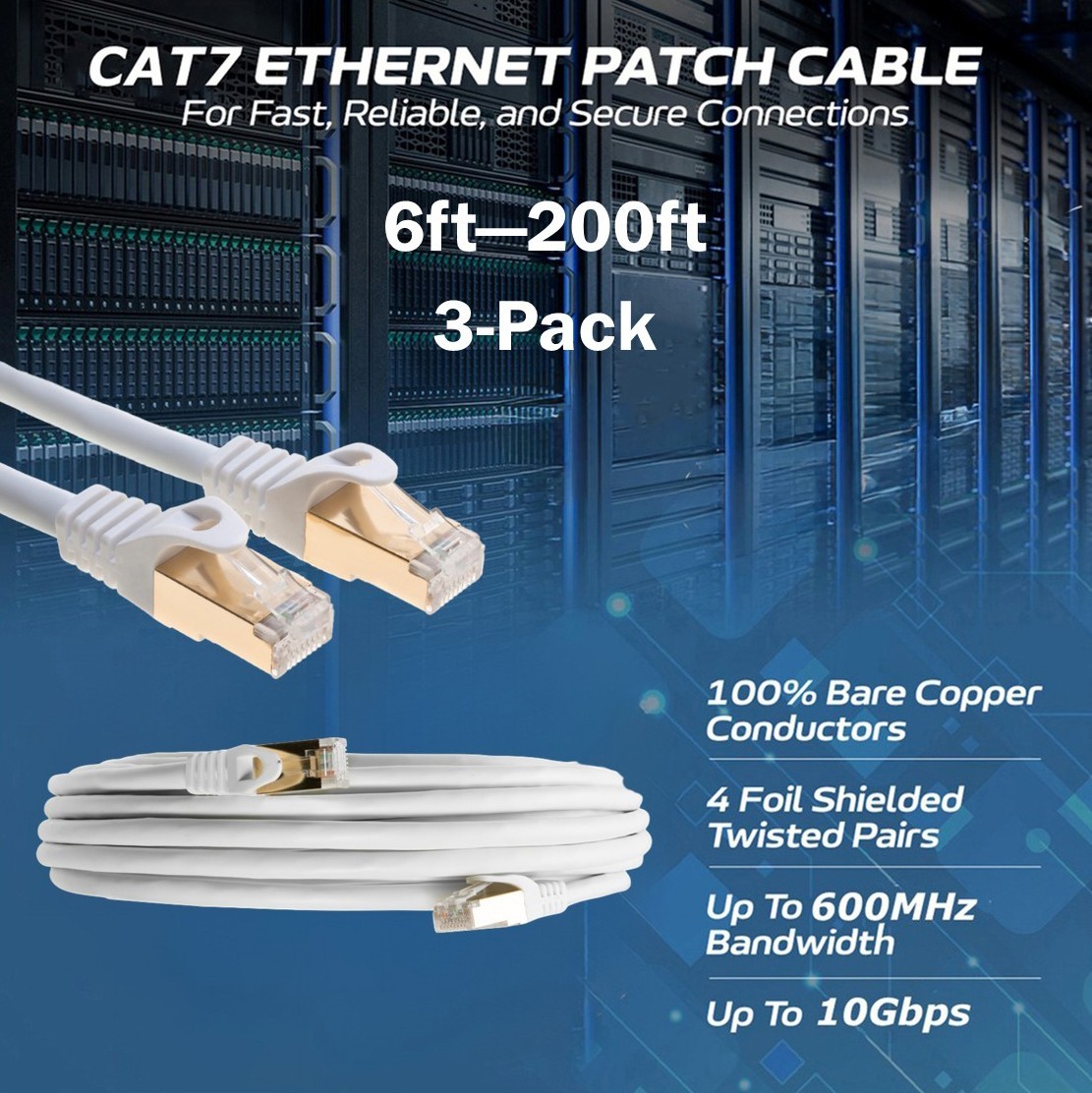 3-Pack CAT7 S/FTP Ethernet Patch Cord 600MHz Network Cable 6FT-200FT White Lot