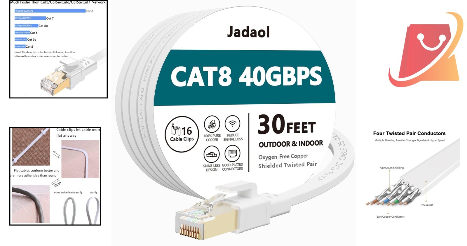 Cat8 Ethernet Cable Outdoor Indoor 30FT High Speed 40Gbps Weatherproof LAN