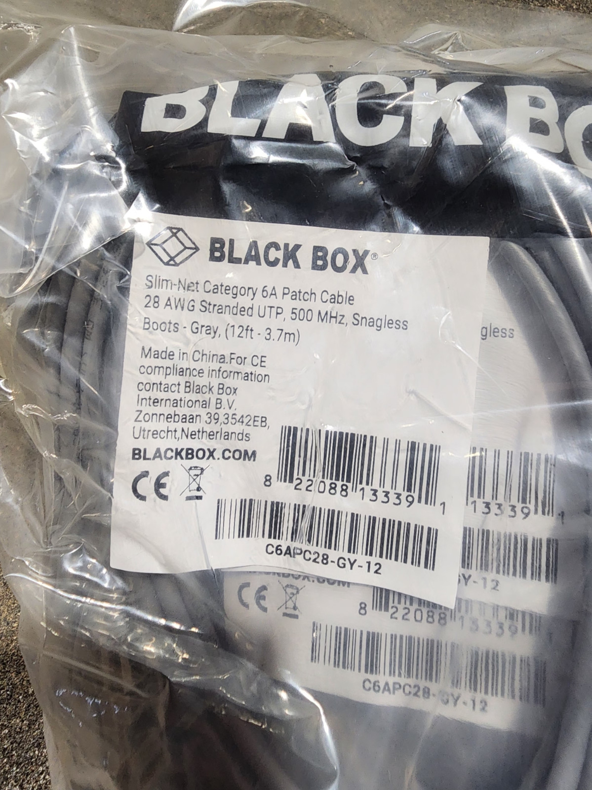 50 Pack 12ft Gray Black Box Slim-Net Cat 6A Patch Cable 28AWG UTP Snagless
