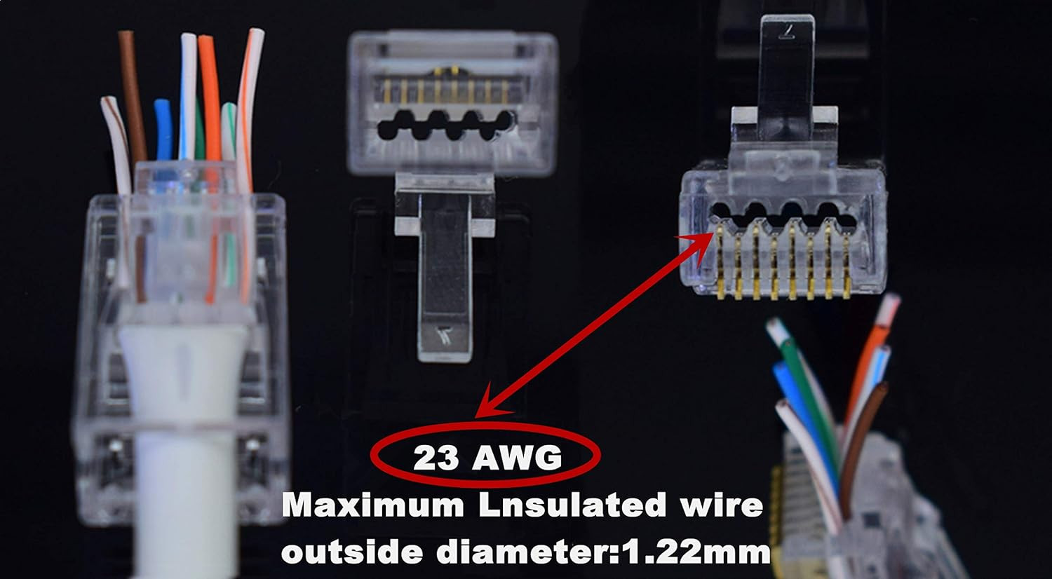 RJ45 Cat6A Cat6 Pass through Connectors 50Pack 23AWG End Bold Ethernet 8P8C Gold