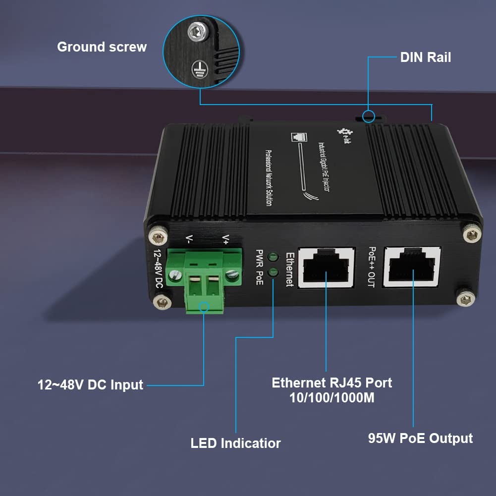 Elenzk Industrial Gigabit RJ45 IEEE802.3at/bt 95W PoE++ Injector 95W,