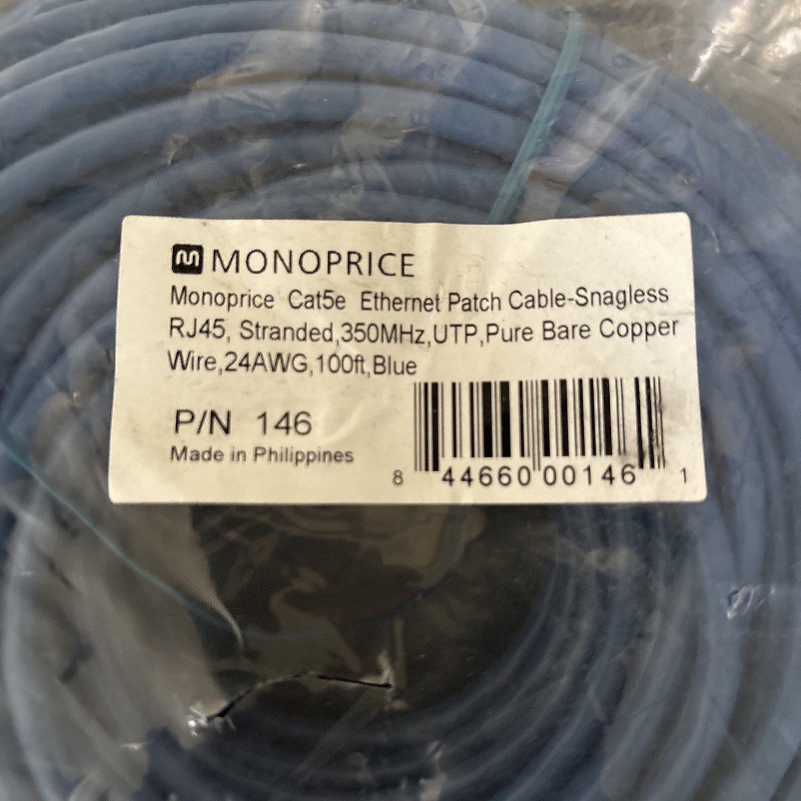 Cat5e Ethernet Patch Cable RJ45 Stranded 350Mhz UTP Copper Wire 24AWG 100ft Blue