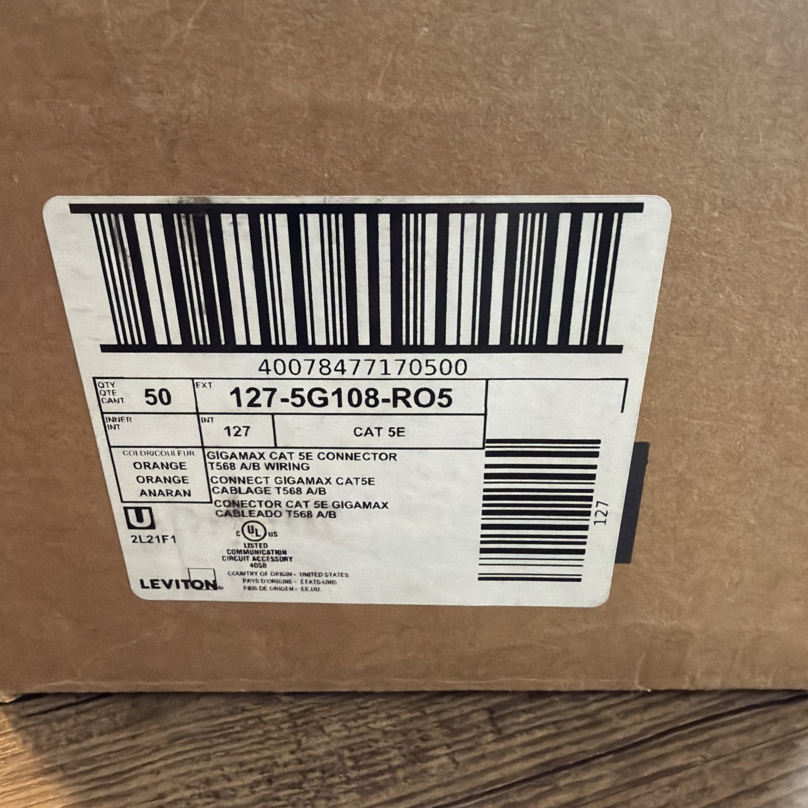 Leviton 5G108-RO5 Gigamax Snap in Connector Cat 5e Orange Jack 50-Pack Box