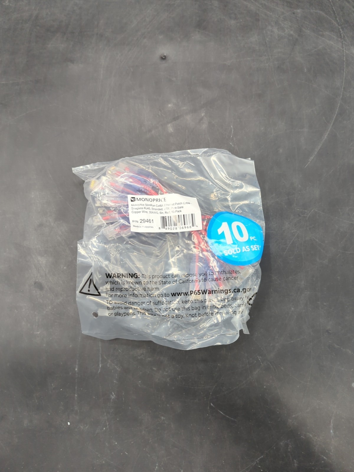 10 Pack: Monoprice: Slimrun: CAT6A Ethernet Patch Cable 6in: Red