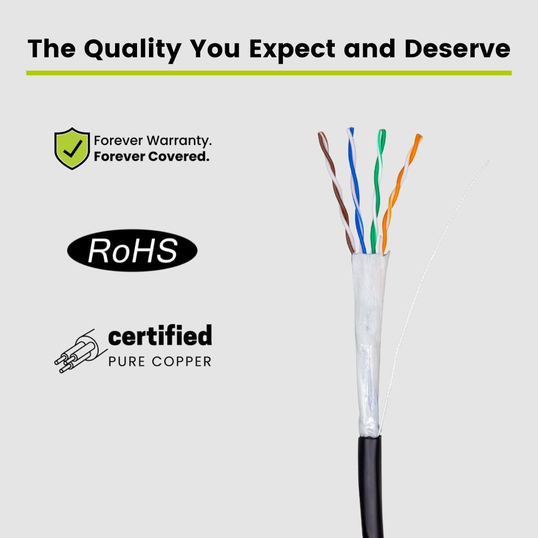 TRUE CABLE Cat5e Direct Burial Bulk Ethernet Cable, Unshielded 500ft, black