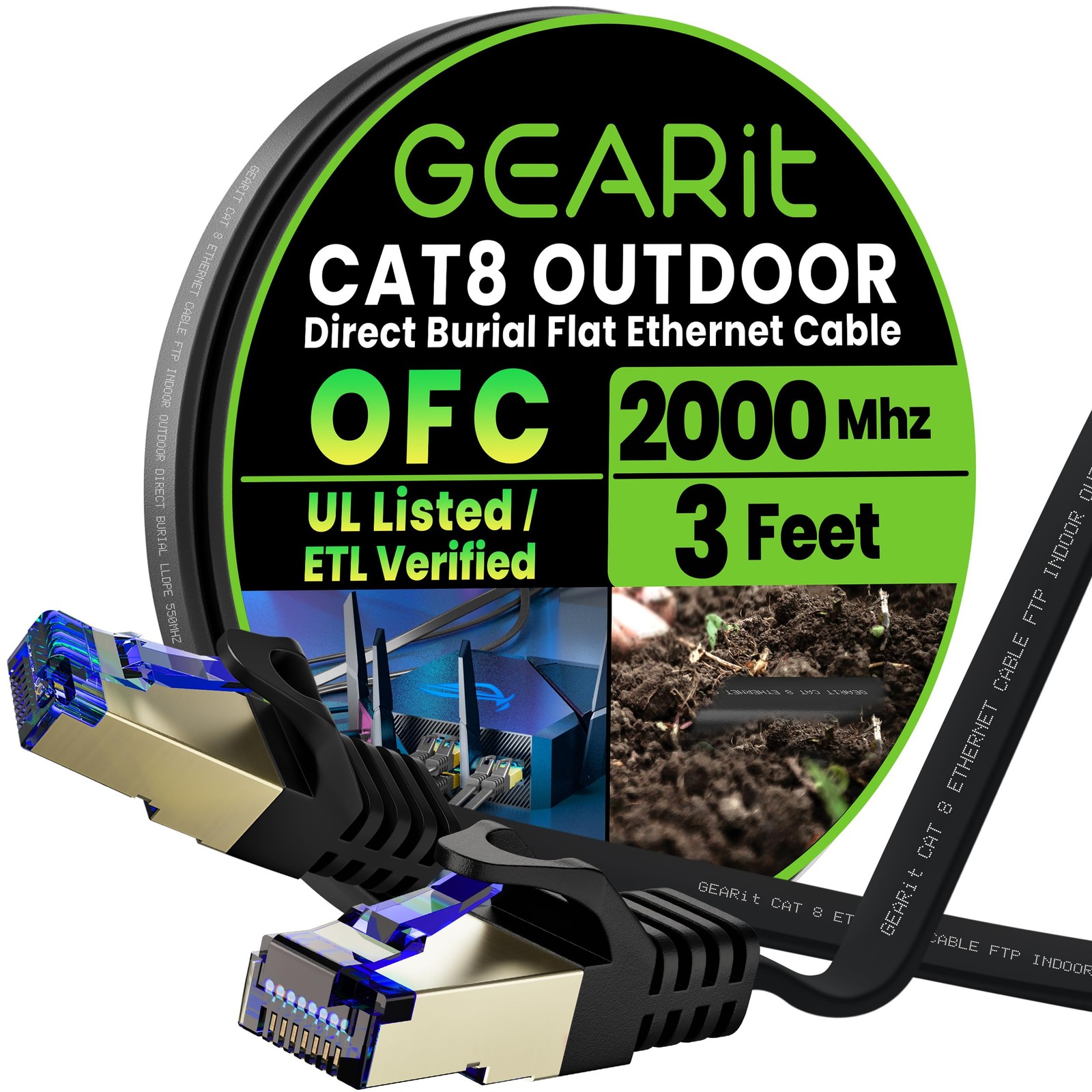 Cat 8 Outdoor Flat Ethernet Cable 3ft Black Shielded FTP RJ45 40Gbps 2000MHz