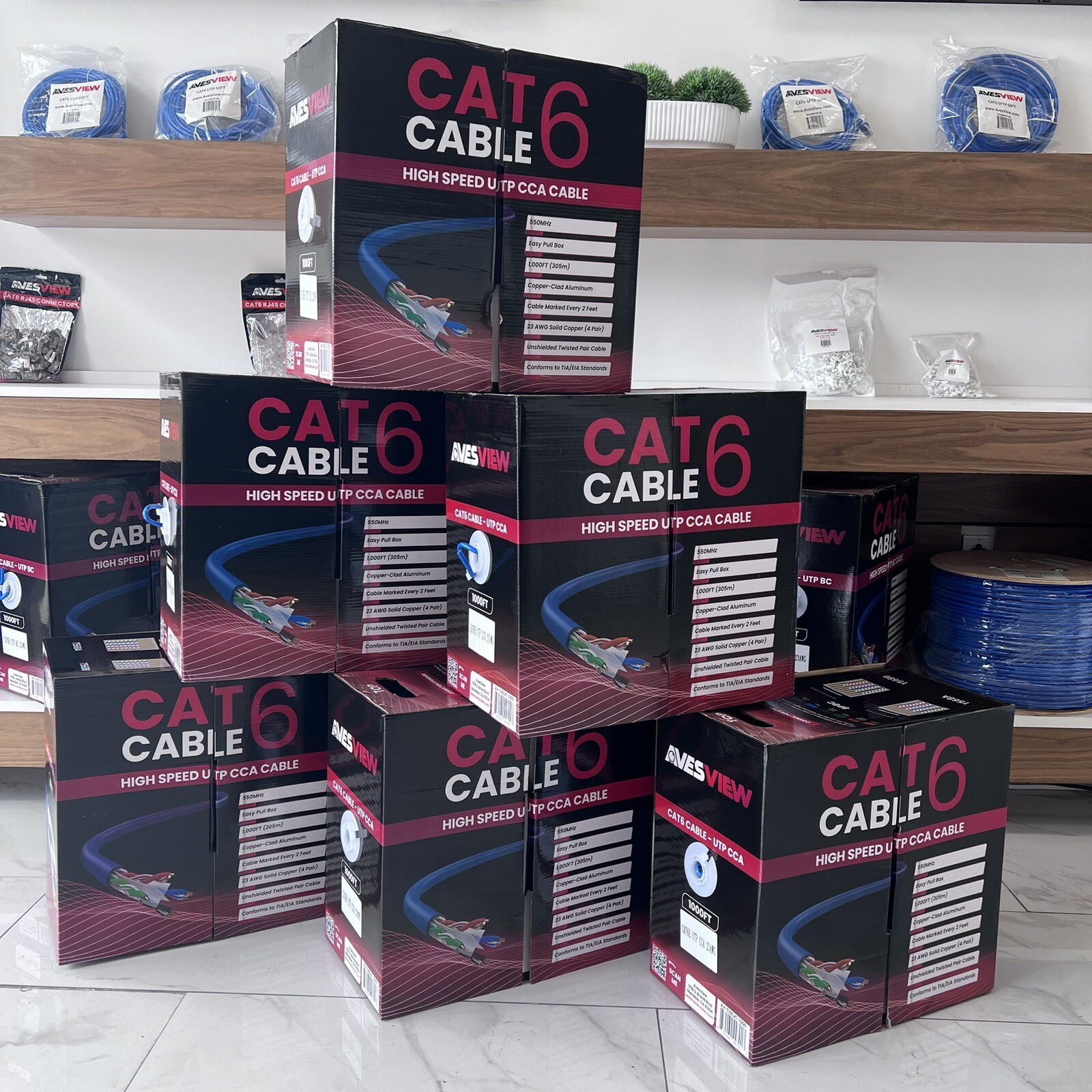 AvesView CAT6E Indoor 1000ft Ethernet Cable UTP (CCA) 23AWG 550MHz – Lot of 6
