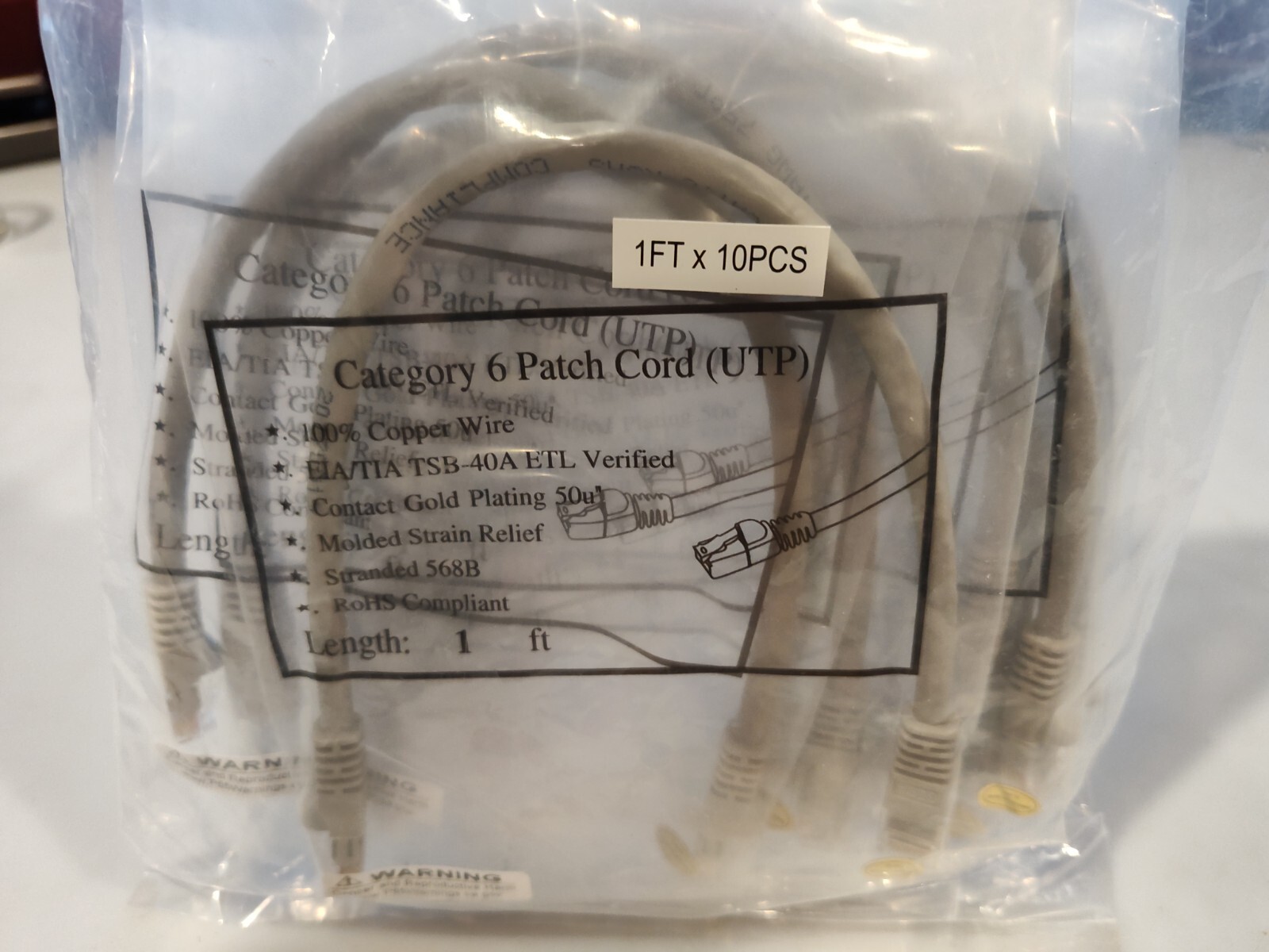 NEW Lot of 10 1ft Cat6 Patch Cord Cables Molded Boots Gold Plated Contacts