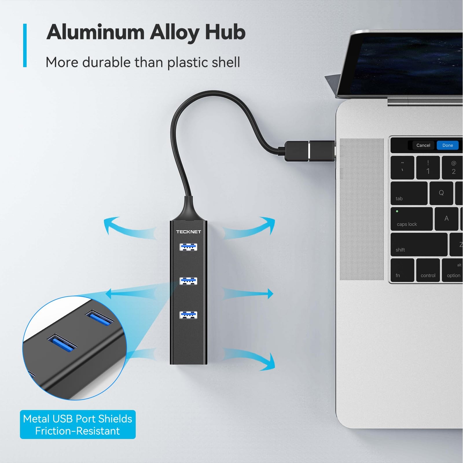 TECKNET USB C to Ethernet, Aluminum 3 Port 3.0 Hub with RJ45 Black