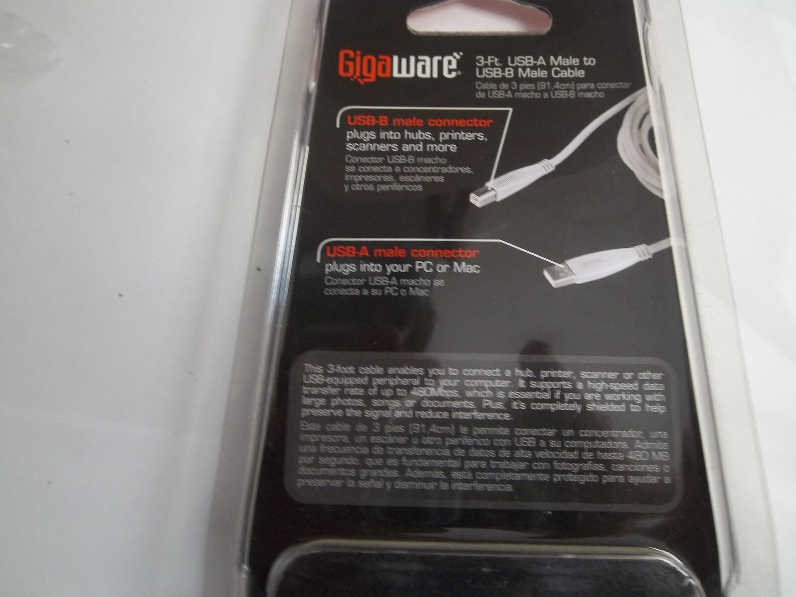 GIGAWARE 260-3258 3-FT USB-A MALE to USB-B MALE WHITE NETWORK CABLE PC-MAC/USB