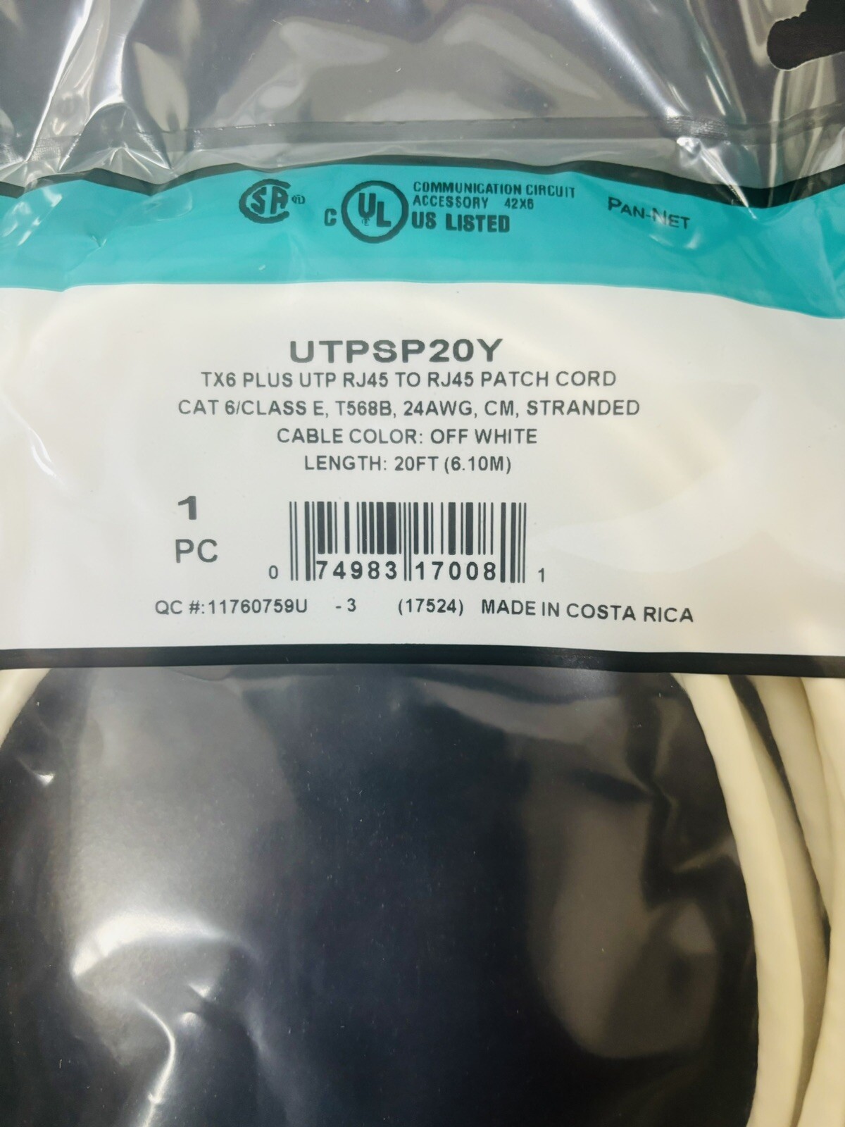 UTPSP20Y (Panduit) TX6 CAT6 Patch Cord 24awg Stranded Off White Color Jacket