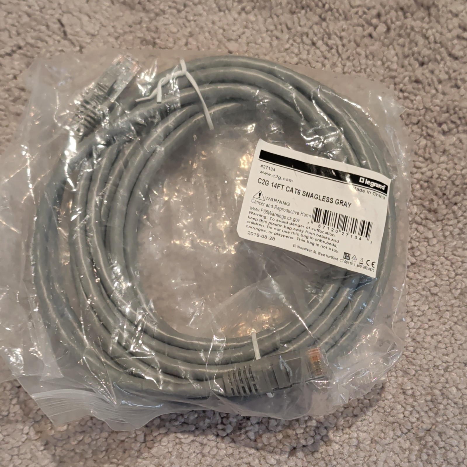 Legrand Cat6 14ft Gray Snagless Round Ethernet Patch Cable RJ-45 Male/Male