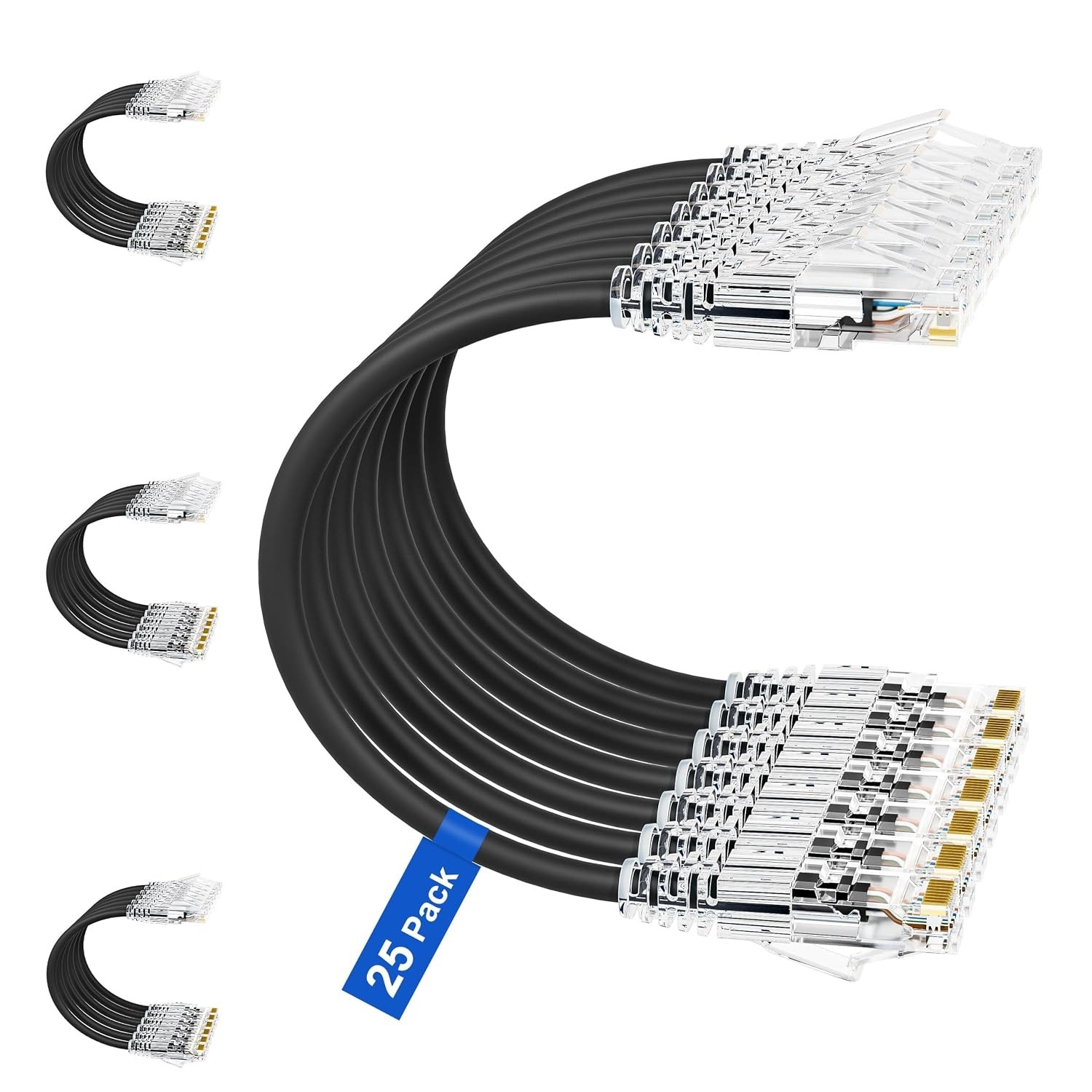 25-Pack 1ft Cat6/Cat6a Patch Cables Slim, 10Gbit/s, Black | Ethernet 28AWG PoE