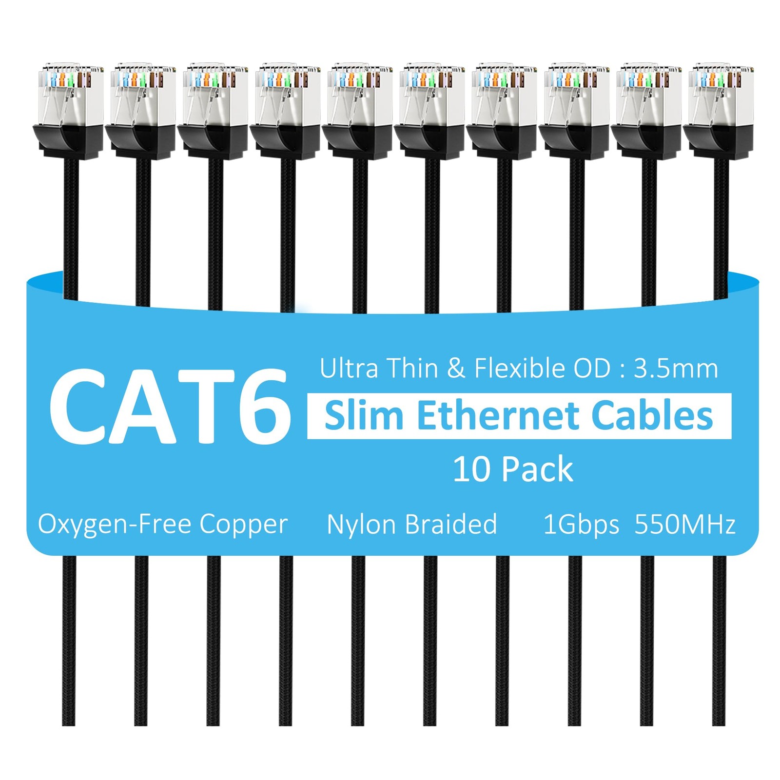 Slim CAT6 Ethernet Cable 10 Pack Snagless Patch Cord Nylon Braided Black 3 FT