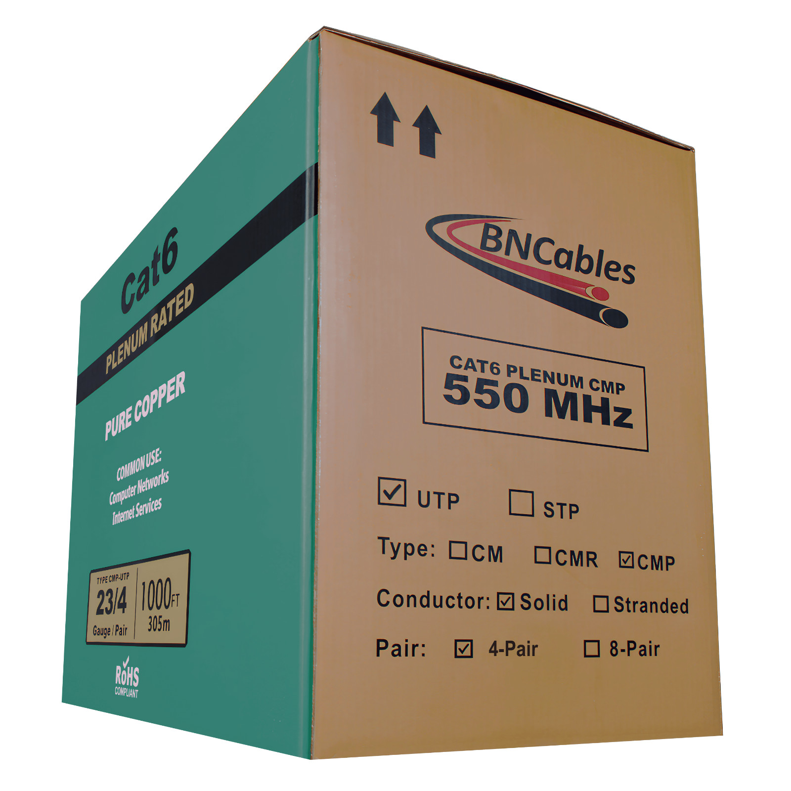 BN Cables Cat6 Plenum Solid 100% Pure Copper 1000ft 550 Mhz Cable in 8 Colors