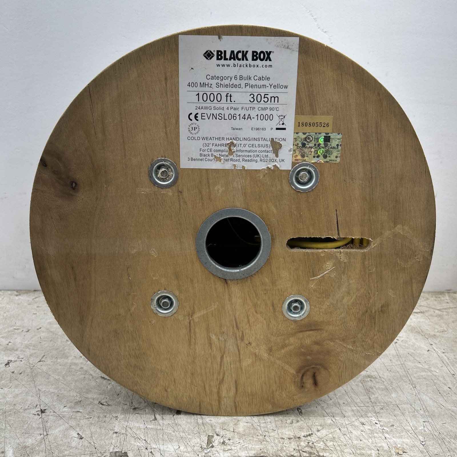 Black Box Category 6 Bulk Cable, 400 MHz, Shielded, Plenum-Yellow (1000ft)
