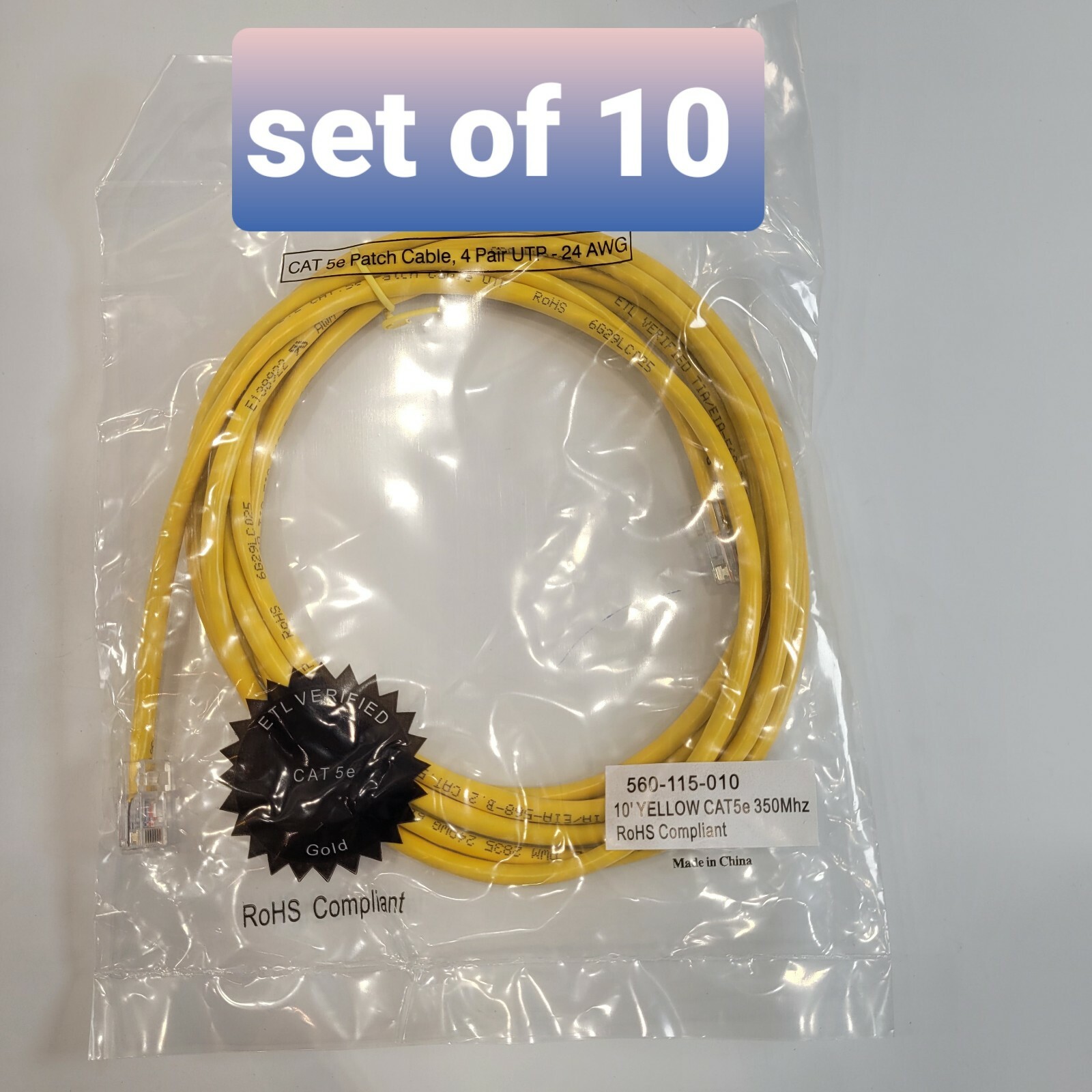 SET OF 10 CAT 5e Patch Cable 560-115-010 10′ YELLOW CAT5e 350Mhz RoHS