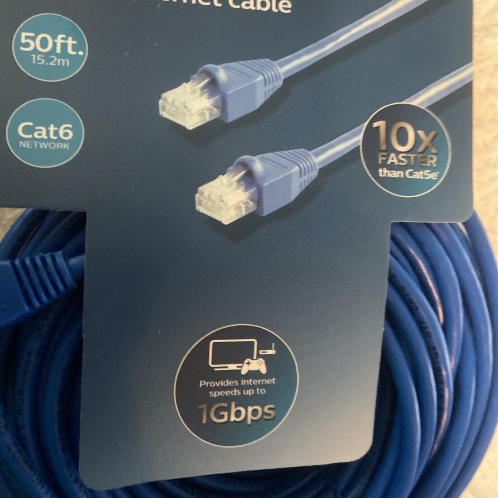 internet cable 50 ft Cat 6 Philips New 10x Faster than Cat 5e Speeds Up To 1GBPS