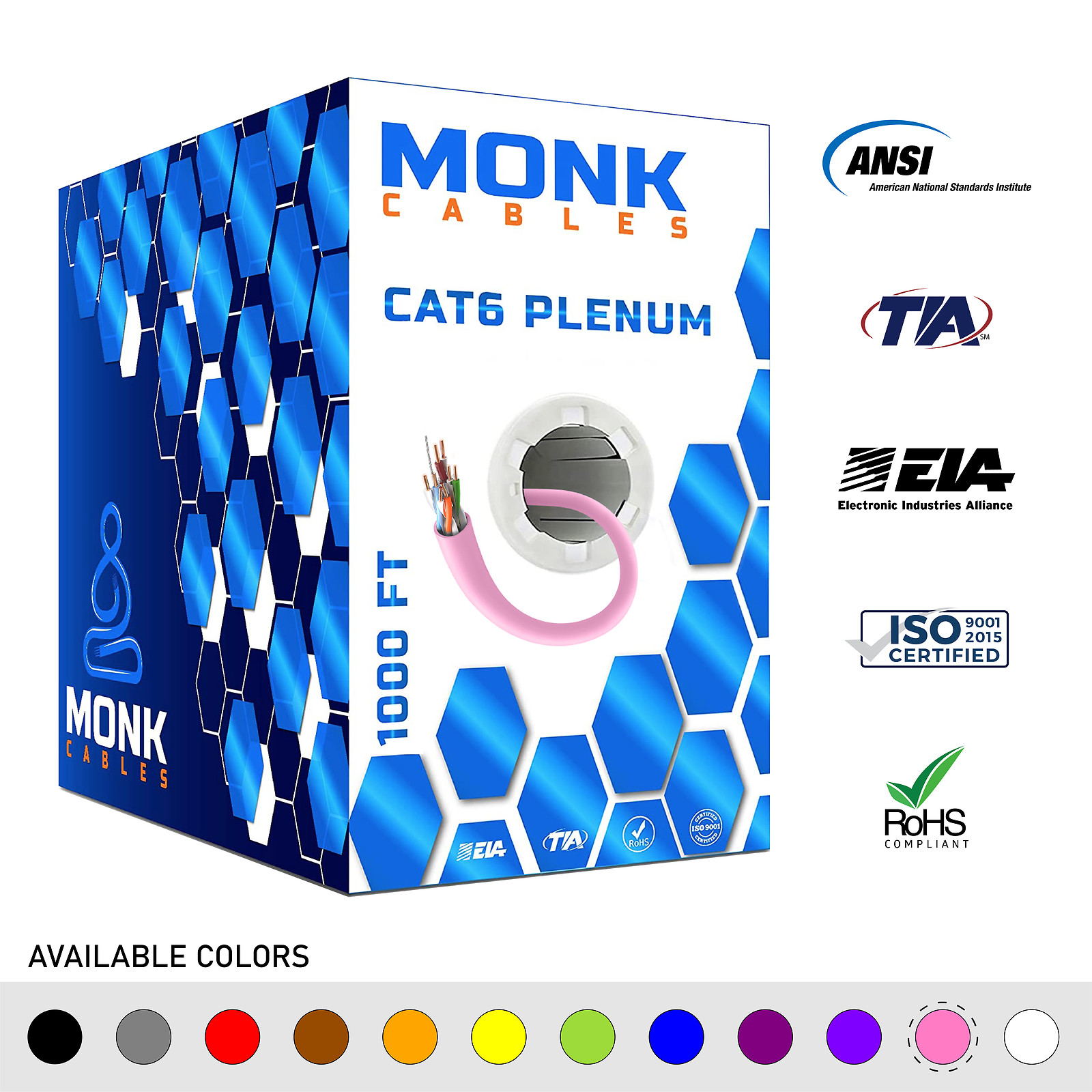 Cat6 Plenum 1000ft Cable Bulk CMP Internet Wire 23AWG 550MHz UTP Ethernet Pink