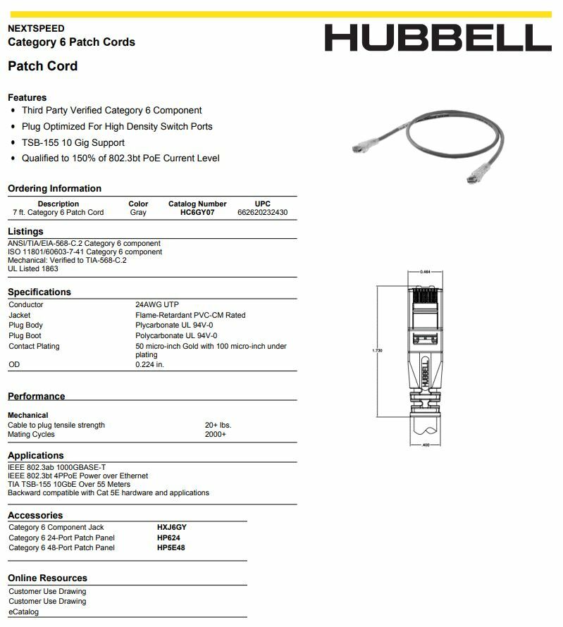 (10) Hubbell HC6GY07 NEXTSPEED Universal Category 6 Patch Cord, 7′ Length, Gray