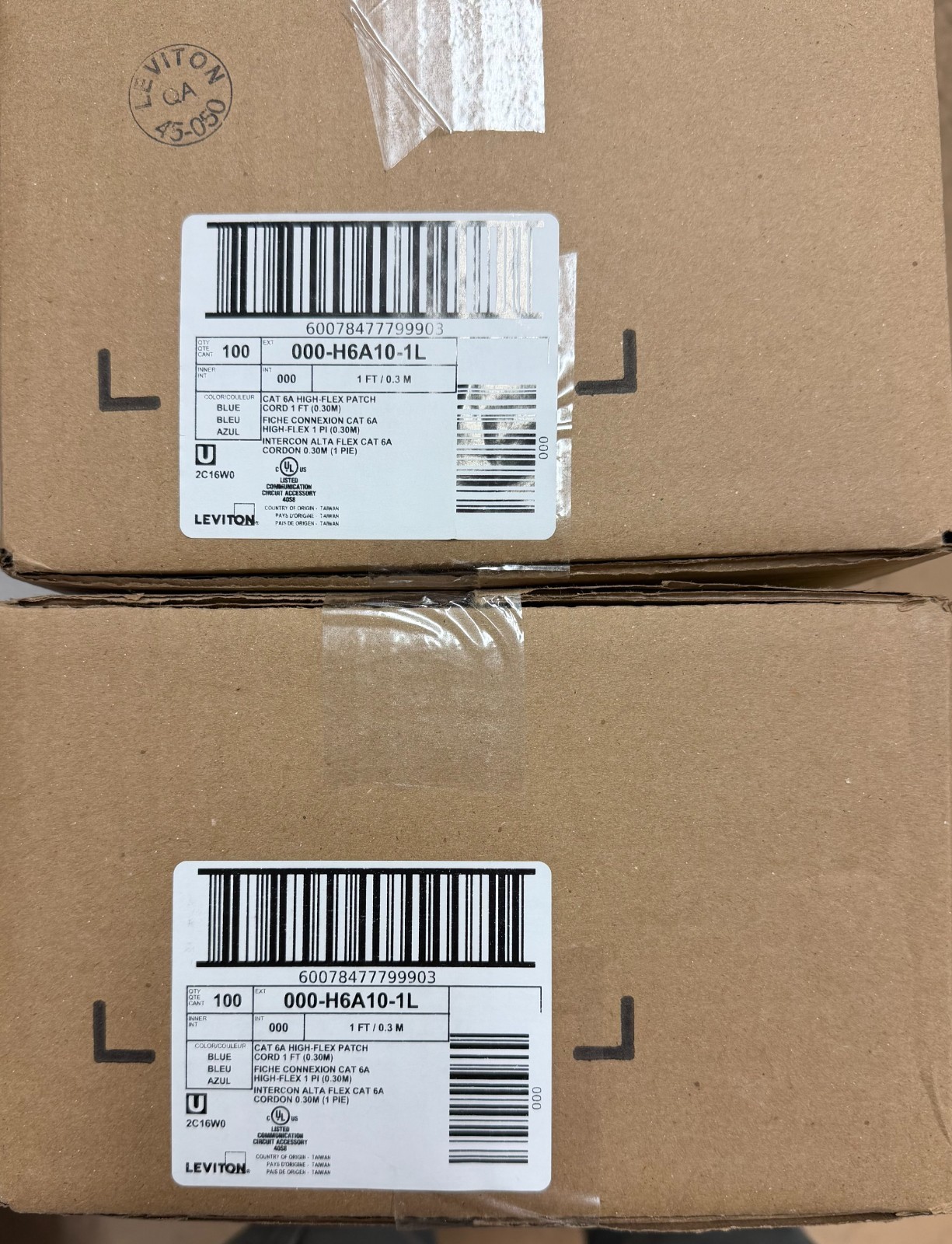 Leviton Cat 6a High Flex Small OD 1ft Blue Patch Cords. Box of 100 New.