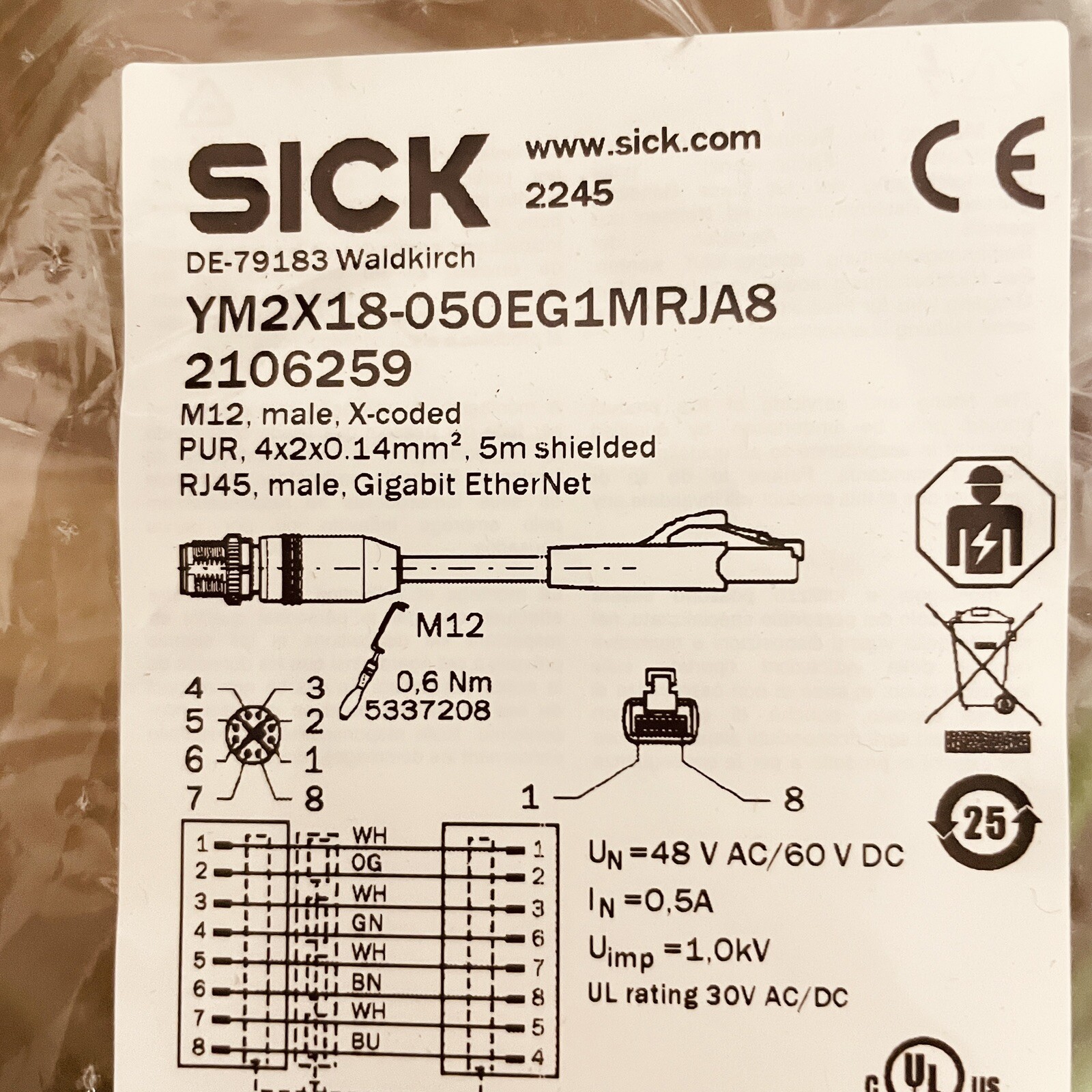 Sick 2106259 YM2X18 – 050EG1MRJA8 Industrial Ethernet & Fieldbus Cables Green