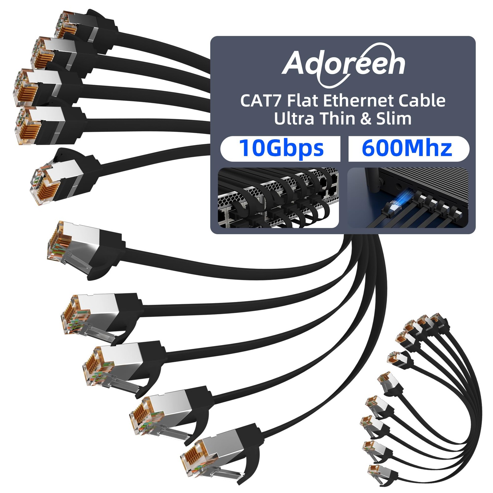 10Pack 0.6 FT Cat 7 Flat Ethernet Cable HighSpeed Shielded Short Patch