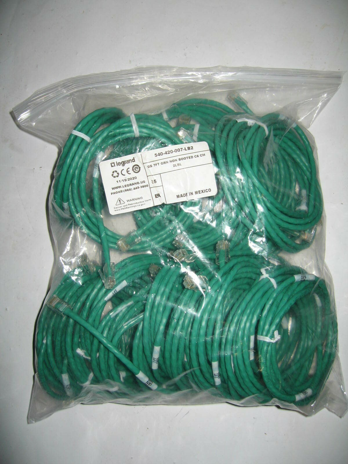 25x Legrand Cat6 7′ Green Ethernet Category 6 Patch Cable 7 Feet Cat 6 New