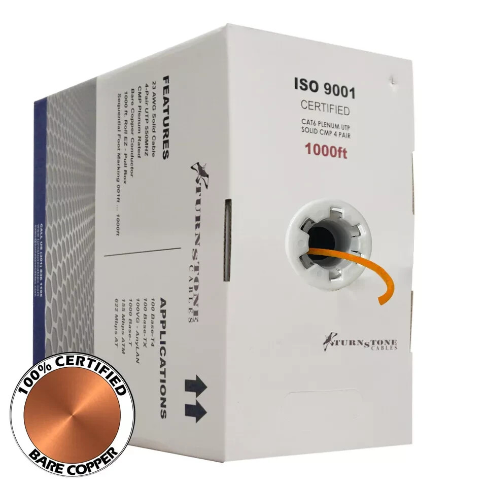 TSCables Cat6 PLENUM UTP (CMP) 100% SOILD BARE COPPER 550Mhz 1000FT CABLE ORANGE
