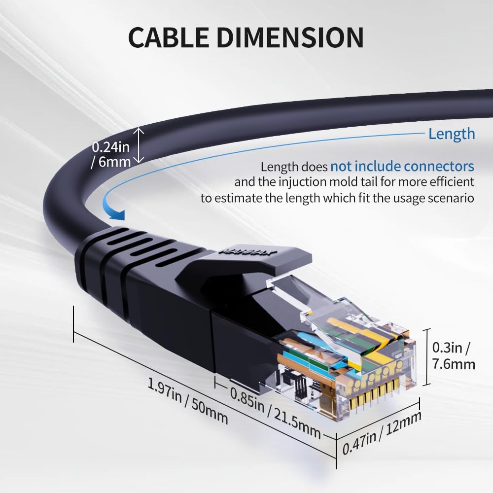 1 Pack Cat 6 Ethernet Cable, 6 ft, RJ45 Unshielded, Patch Cord, Black, LAN