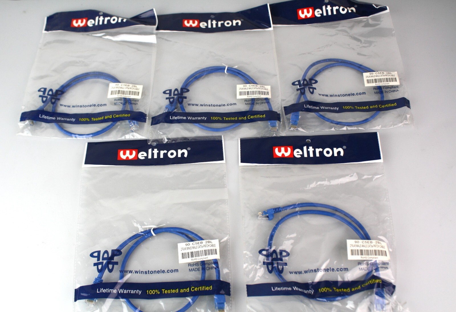 Lot of 5 RoHS Comliant Weltron 2′ RJ45 Male-Male Cat5e Patch Cable