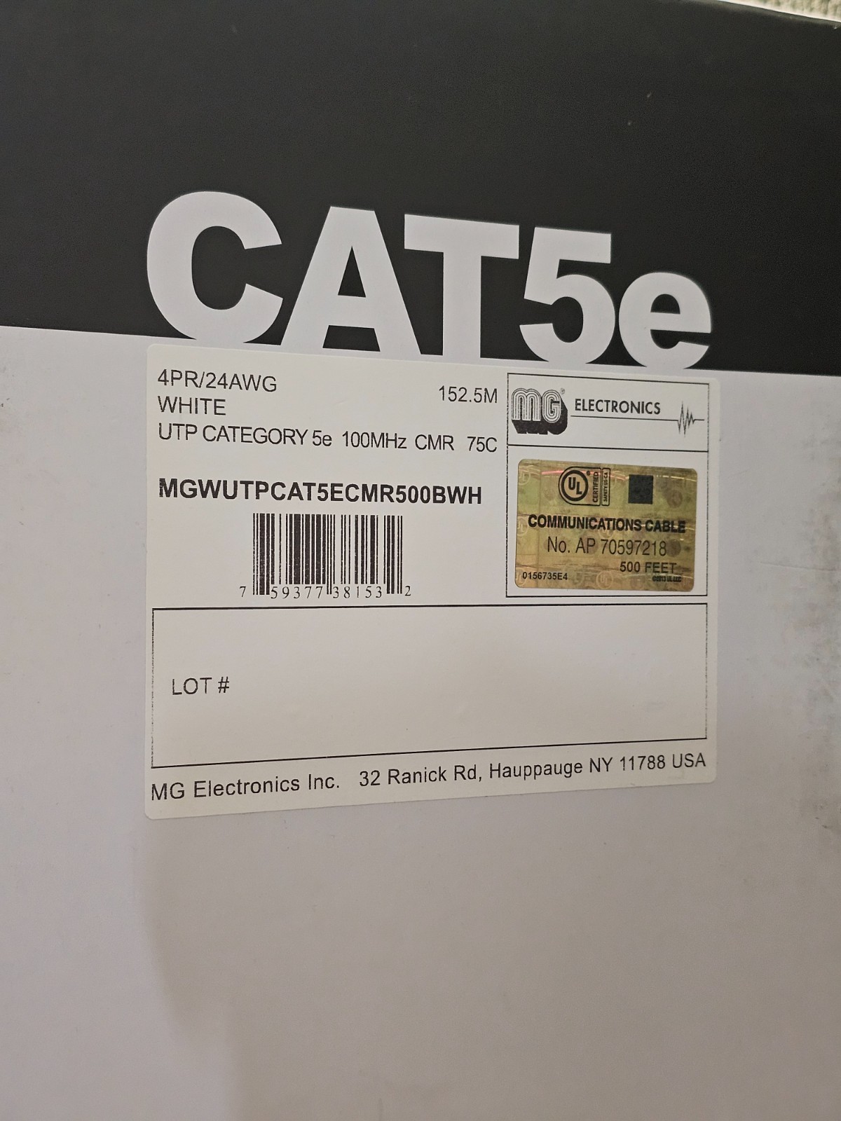 MG Electronics CAT 5e 100MHz CMR 4PR/24AWG 75C 500′ Solid Copper Ethernet Cable