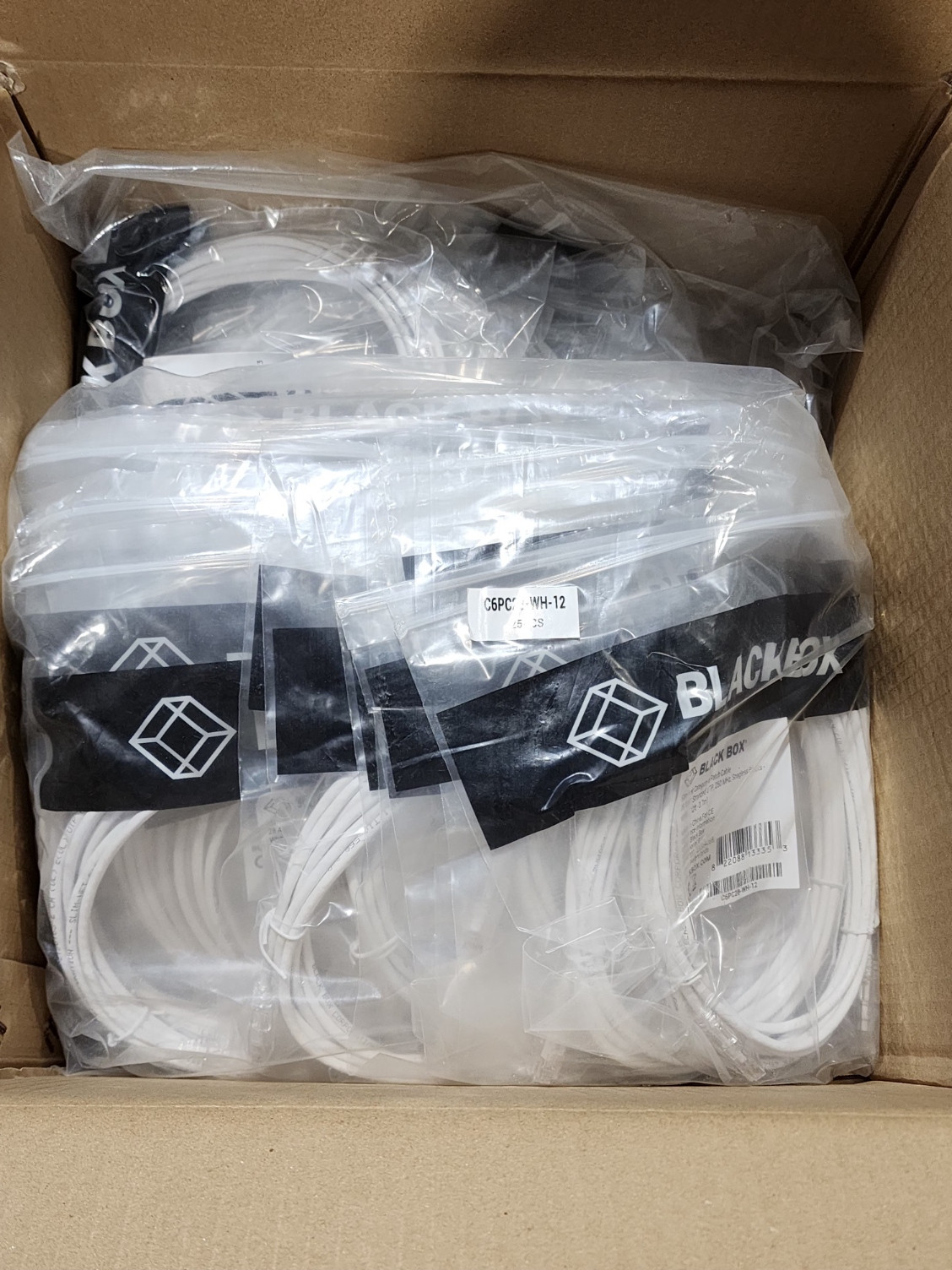 50 Pack 12ft White Black Box Slim-Net Cat 6 Patch Cable 28AWG UTP Snagless