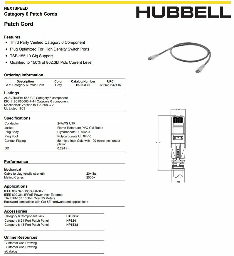 (10) Hubbell HC6GY03 NEXTSPEED Universal Category 6 Patch Cord, 3′ Length, Gray