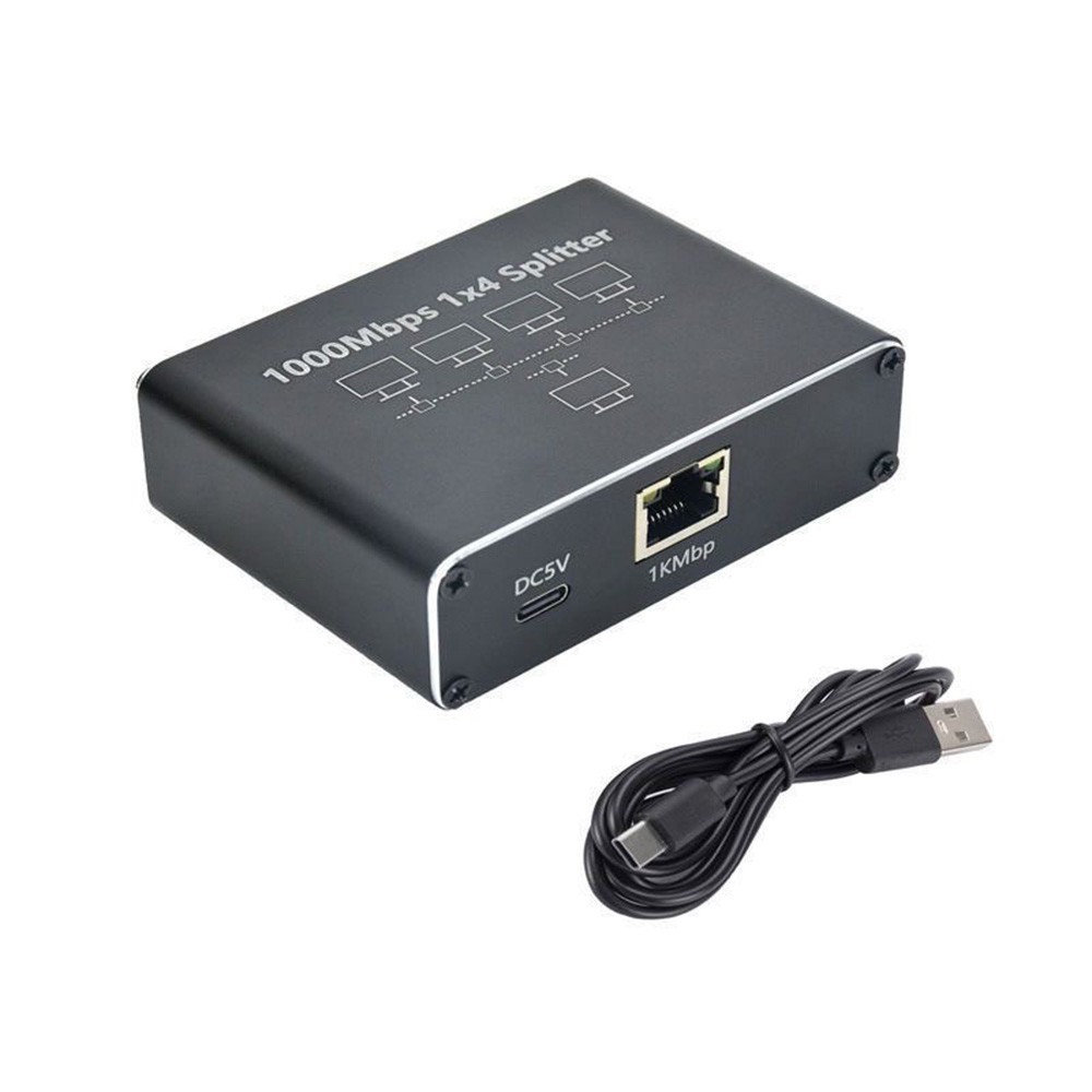 Gigabit Ethernet Splitter 1 to 4 Port USB Powered, Compact Aluminum RJ45 Adapter
