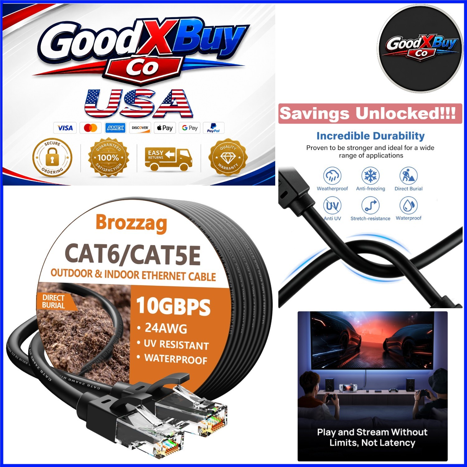 150ft Waterproof Cat6 Ethernet Cable Indoor Outdoor Heavy Duty 10Gbps