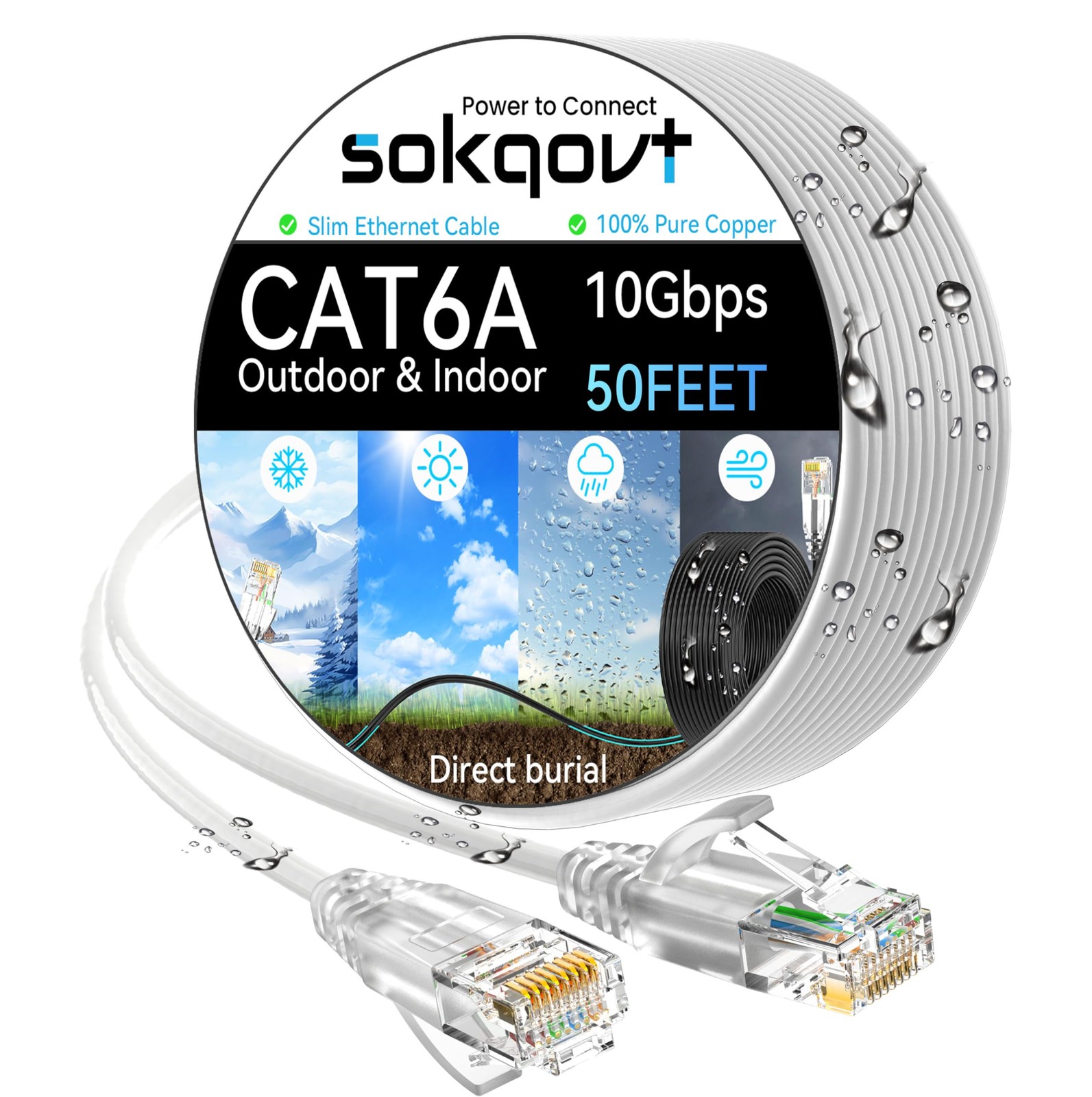 Cat6a Slim Ethernet Cable 50ft Outdoor Indoor 28AWG Pure Copper 10G 550MHz