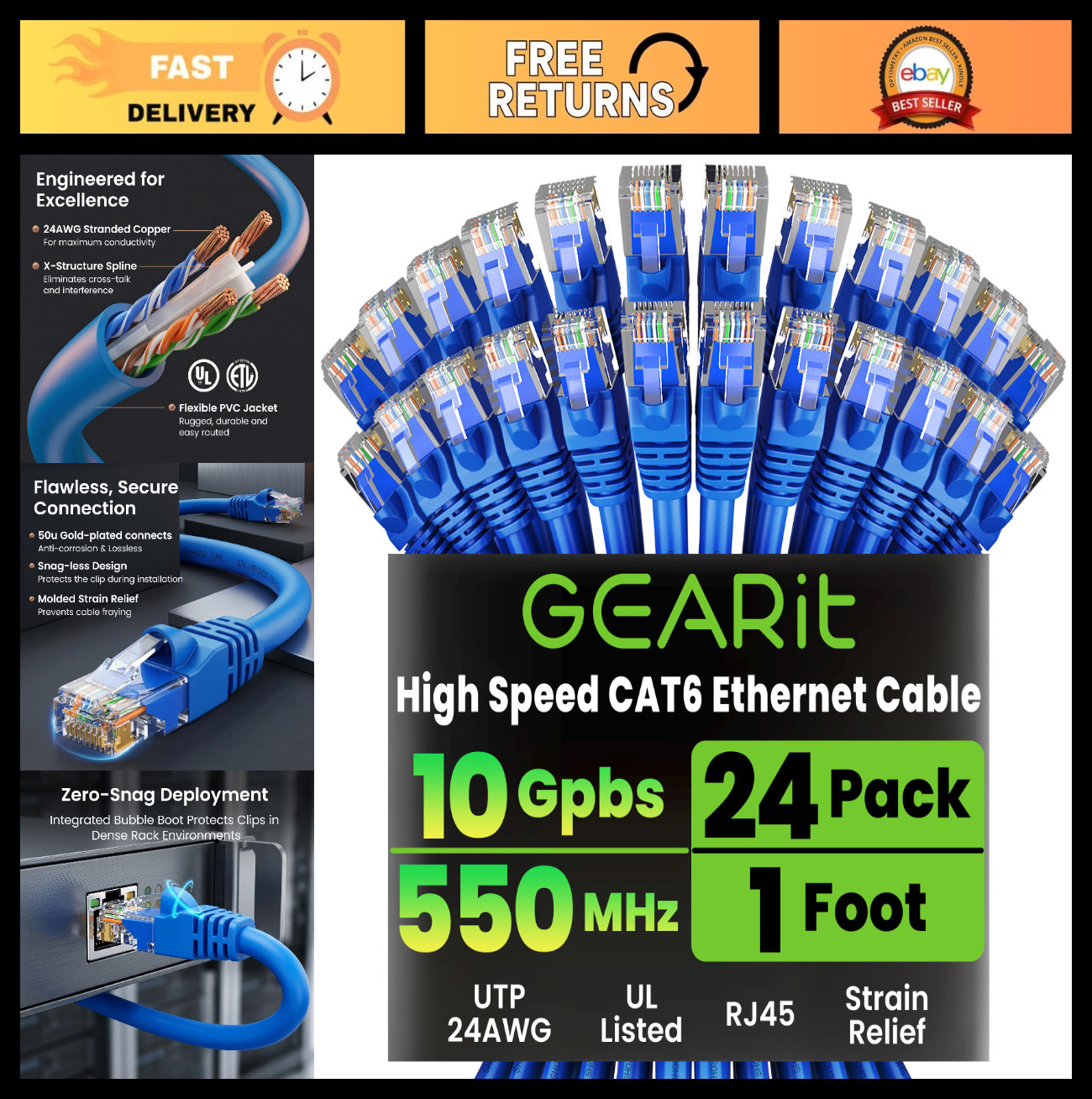 High-Speed Cat6 Ethernet Cable 1ft 24-Pack, Snagless 10Gbps RJ45, Gold-Plated fo