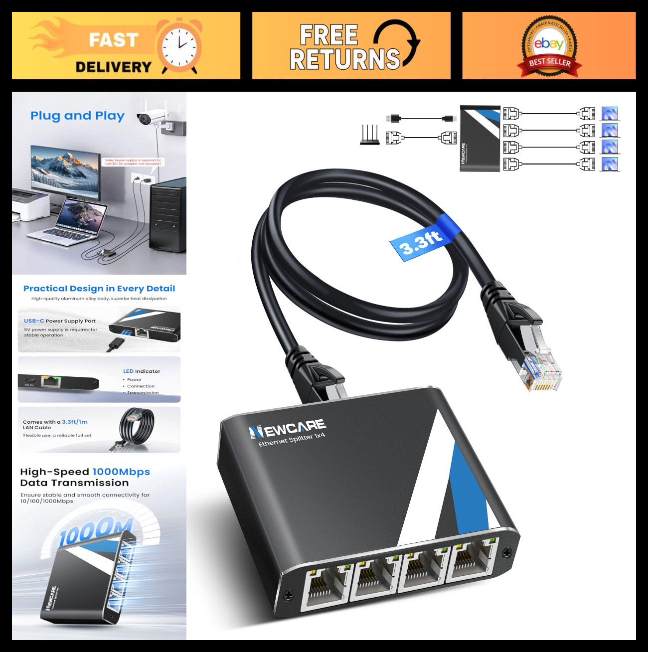 Gigabit Ethernet Splitter 1 to 4 with 3.3ft LAN Cable, 1000Mbps High Speed RJ45